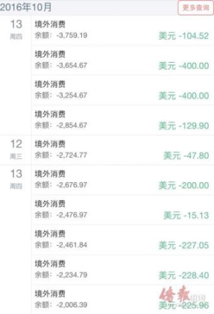 楊小姐提供的信用卡被盜刷記錄。(美國《僑報》資料圖 楊小姐提供)