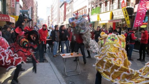 華埠舞獅日，數(shù)十醒獅鬧新春。(美國(guó)《世界日?qǐng)?bào)》/高夢(mèng)梓 攝)