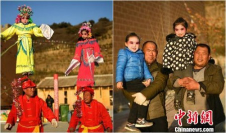 2月10日，山西太原臺(tái)駘山，來(lái)自晉中農(nóng)村的民間非遺藝人在表演社火前后對(duì)比?！№f亮 攝