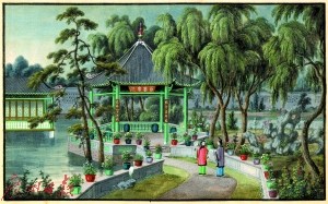 市民王恒向廣州大元帥府紀念館贈送的通草畫，描繪當年十三行行商所建花園中的“百花亭”園景。