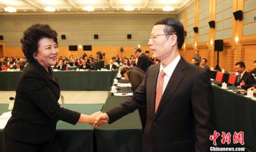 3月4日，中共中央政治局常委、國務院副總理張高麗與對外友好界委員裘援平握手。當日，張高麗看望出席全國政協(xié)十二屆五次會議的致公黨、僑聯(lián)、對外友好界委員，并參加聯(lián)組討論。 <a target='_blank' >中新社</a>記者 楊可佳 攝