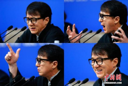 3月7日，全國政協(xié)十二屆五次會議在北京梅地亞兩會新聞中心召開“政協(xié)委員談堅(jiān)定文化自信講好中國故事”記者會。圖為成龍委員答記者問。(拼版照片)<a target='_blank' >中新社</a>記者 富田 攝