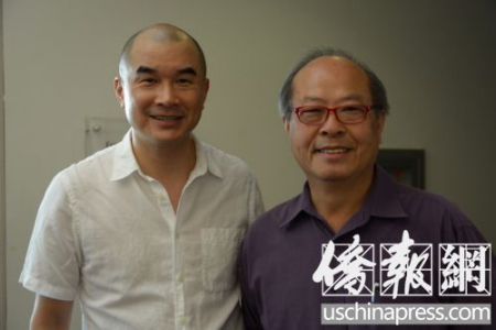紀(jì)錄片導(dǎo)演梅展鴻(左)和執(zhí)行制片人馬鎮(zhèn)金(右)合影。（美國《僑報》/夏嘉 攝）
