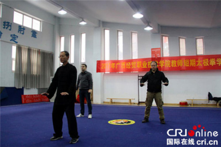 邯鄲學(xué)院馬建華老師教阿根廷學(xué)者迭戈(左二)和西班牙學(xué)者奧古斯托(右一)打楊氏太極拳。