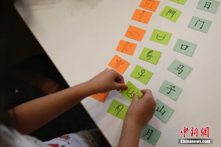 美東中文夏令營(yíng)的老師用象形圖案教孩子們認(rèn)識(shí)漢字。(<a target='_blank' >中新社</a>記者 廖攀 攝)