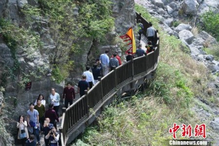 海外華文媒體一行踏訪先秦古棧道，一探古蜀道的歷史文化魅力。張浪 攝