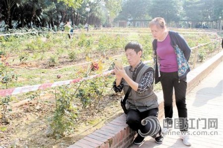 兩位市民正在東湖公園賞花。何傳貴/攝