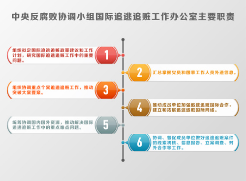 中央反腐敗協(xié)調(diào)小組國(guó)際追逃追贓工作辦公室主要職責(zé)。