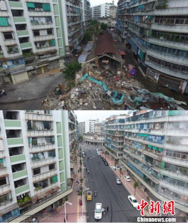 汕頭“創(chuàng)文”整治前后對比圖（上圖為“創(chuàng)文”整治前，瑞平市場占道經(jīng)驗，下圖為“創(chuàng)文”整治后，還路于民）張烈華 攝