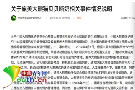 中國大熊貓保護(hù)研究中心發(fā)布的《關(guān)于旅美大熊貓貝貝斷奶相關(guān)事件情況說明》