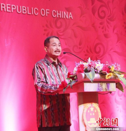 圖為印尼旅游部部長(zhǎng)阿里夫出席招待會(huì)并致辭。林永傳 攝