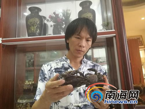 吳名駒注視著他的圓雕作品。（圖片來(lái)源：南海網(wǎng)）