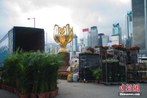 6月27日，香港金紫荊廣場開始布置鮮花，香港慶祝回歸祖國20周年氣氛漸濃。 <a target='_blank' >中新社</a>記者 盛佳鵬 攝