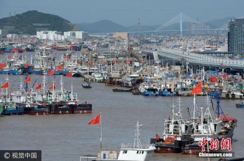 9月13日，浙江舟山，漁船陸續(xù)回到沈家門水產(chǎn)碼頭卸貨，再開(kāi)往就近的沈家門漁港停泊避風(fēng)。圖片來(lái)源：視覺(jué)中國(guó)