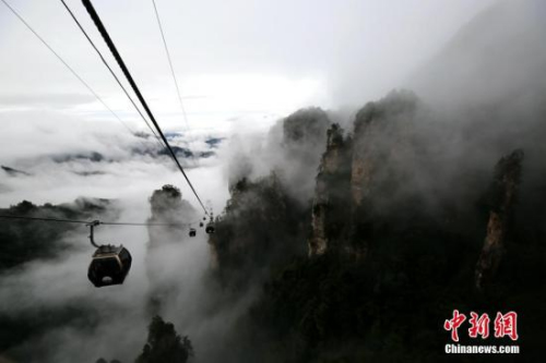 10月5日，“十一”國慶假期的第五天，雨中的湖南張家界武陵源風(fēng)景區(qū)現(xiàn)云霧景觀，山峰被隨風(fēng)飄舞的云霧所纏繞，宛若一幅水墨畫。來自武陵源區(qū)旅工委辦公室的消息稱，目前武陵源各景區(qū)接待正常，秩序井然。 吳勇兵 攝