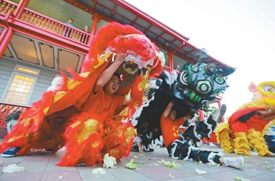 蘇里南首都帕拉馬里博，華裔民眾進(jìn)行舞獅表演，歡迎中國(guó)傳統(tǒng)春節(jié)到來(lái)。 　　人民視覺(jué)