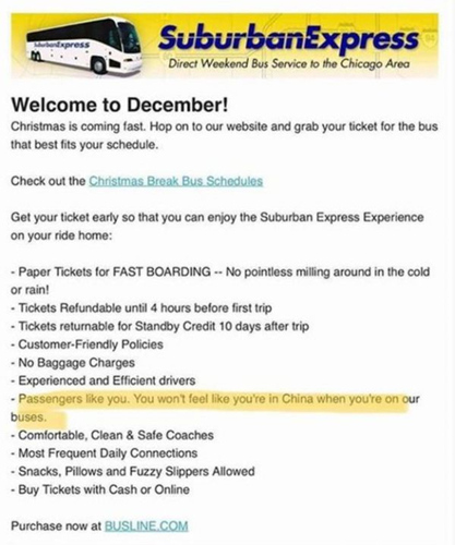 美國芝加哥一家巴士公司向伊利諾伊大學的師生發(fā)出12月套票優(yōu)惠時，寫上“像你一樣的乘客，乘搭巴士不會感覺身在中國”，觸發(fā)亞裔學生及校方抗議。（圖片來源：英國廣播公司網(wǎng)站）