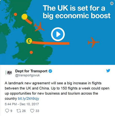 英國(guó)交通部發(fā)表推文稱，計(jì)劃將直航中國(guó)的航班增加至每周150班次。（《歐洲時(shí)報(bào)》援引網(wǎng)頁(yè)截圖）