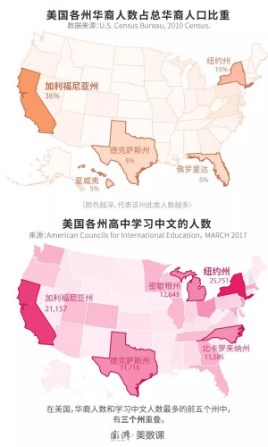 美國(guó)各州華裔人數(shù)占華裔人口比重與各州高中學(xué)習(xí)中文人數(shù)(澎湃新聞制圖 數(shù)據(jù)來(lái)源US Census Bureau.)