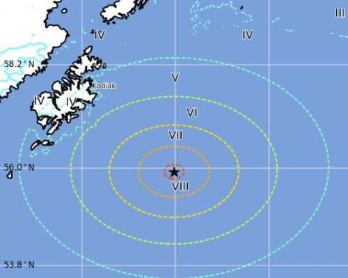 阿拉斯加地震可能波及的范圍示意圖。來源：美國地質勘探局網(wǎng)站截圖。