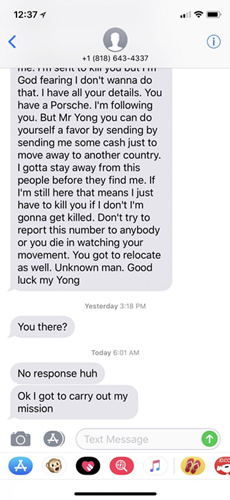 一個(gè)自稱“殺手”的人通過短信勒索金錢。(楊先生提供圖)