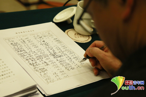 全國政協(xié)委員在聯(lián)合提案簽名表上鄭重簽上自己的名字。中國青年網(wǎng)記者 盧冠瓊 攝