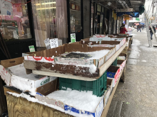 布魯克林8大道雖然大多數(shù)超市正常營業(yè)，但是門口的菜販與水果攤卻空空如也。(美國《世界日報(bào)》/黃伊奕 攝)
