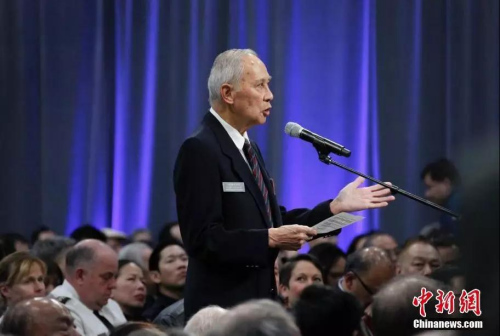 85歲的華裔退伍老兵吳英超作為華社代表發(fā)言，對當局的道歉作出回應。<a target='_blank' >中新社</a>記者 余瑞冬 攝
