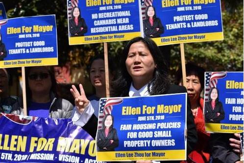 李愛晨呼吁支持者，第一選擇投票給她，第二選擇是葛林博格、第三選擇是阿里奧圖。(美國《世界日報(bào)》/李秀蘭 攝)