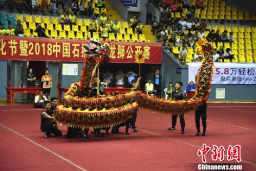 中國(guó)石獅國(guó)際龍獅公開賽開幕式上的舞獅表演?！￡慅埳?攝