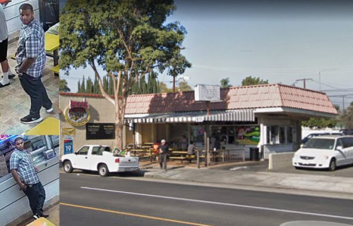 山谷西路佩佩快餐店和警方公布的嫌犯照片。