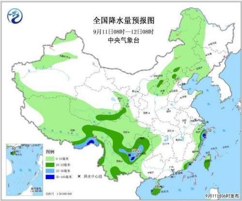 圖1 全國降水量預報圖(9月11日08時-12日08時)