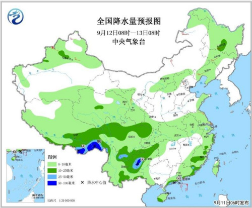 圖2 全國降水量預報圖(9月12日08時-13日08時)