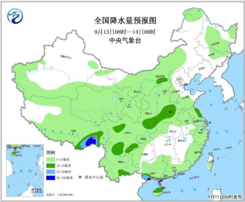 圖3 全國降水量預報圖(9月13日08時-14日08時)