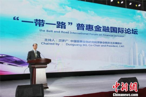 圖為中國普惠金融研究院理事會聯(lián)席主席兼院長貝多廣發(fā)言?！∈缝o靜 攝