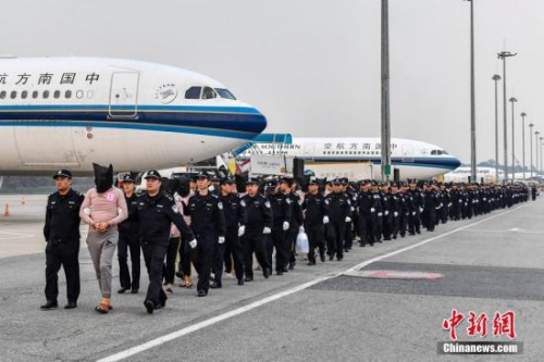 資料圖：冒充中國公檢法機關(guān)工作人員實施電信網(wǎng)絡(luò)詐騙犯罪的嫌疑人被中國警方從柬埔寨押解回國。<a target='_blank' >中新社</a>記者 陳驥旻 攝 （圖文無關(guān)）