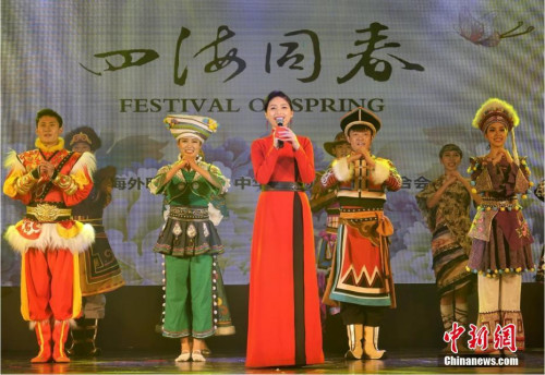 當(dāng)?shù)貢r(shí)間2月21日，繼泗水站后，2019年“四海同春”亞洲團(tuán)棉蘭場(chǎng)演出成功舉行。至此，該團(tuán)在“千島之國(guó)”印尼的訪問(wèn)演出圓滿落下帷幕。圖為晚會(huì)現(xiàn)場(chǎng)，主持人攜舞蹈演員向印尼華僑華人致以節(jié)日問(wèn)候。<a target='_blank' >中新社</a>記者 周欣嬡 攝