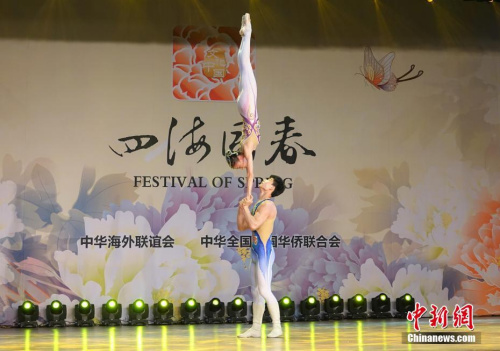 圖為來自大連戰(zhàn)士紅星藝術(shù)團(tuán)的孫藝娜、周杰表演雜技《蝶戀》。<a target='_blank' >中新社</a>記者 周欣嬡 攝