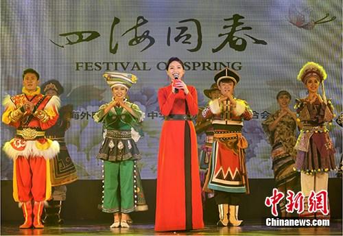 當?shù)貢r間2月21日，繼泗水站后，2019年“四海同春”亞洲團棉蘭場演出成功舉行。至此，該團在“千島之國”印尼的訪問演出圓滿落下帷幕。圖為晚會現(xiàn)場，主持人攜舞蹈演員向印尼華僑華人致以節(jié)日問候。<a target='_blank' >中新社</a>記者 周欣嬡 攝(資料圖)