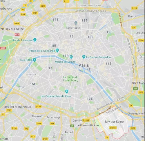 被搶中國游客入住酒店位于塞納河畔伊夫里Ivry-sur-Seine（圖片右下），是法國法蘭西島大區(qū)馬恩河谷省的一個市鎮(zhèn)，位于巴黎大區(qū)東南部，靠近華人區(qū)13區(qū)。