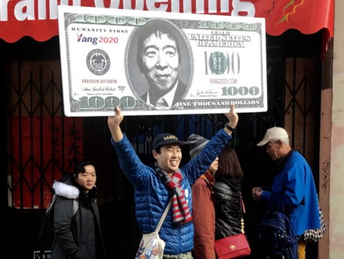 不少華裔總統(tǒng)候選人楊安澤的支持者在花市高舉選舉牌示，十分搶眼，引起大家的注意。(記者李秀蘭／攝影)