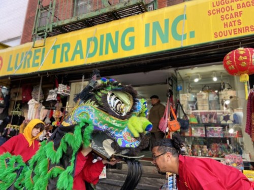 十余支醒獅隊在紐約曼哈頓華埠熱鬧登場，小商家紛紛開門迎接給紅包。(美國《世界日報》/鄭怡嫣 攝)