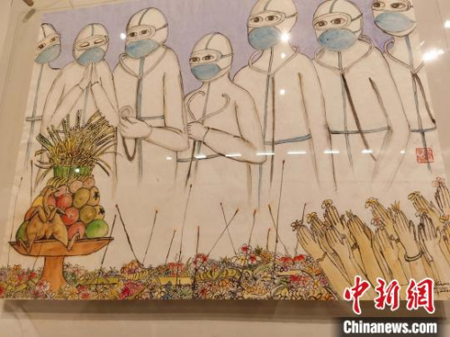 圖為畫家Tjandra的作品《普天之下皆兄弟》，展現(xiàn)了巴厘民眾用豐盛供品和鮮花以獨(dú)特巴厘印度教儀式為中國抗“疫”醫(yī)療人員祈福的畫面?！≈袊v登巴薩總領(lǐng)館 供圖 攝