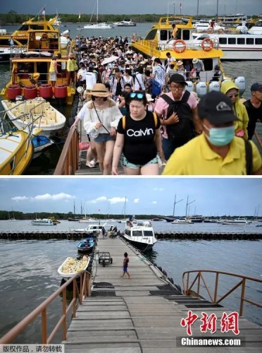 印尼度假勝地巴厘島疫情前后對(duì)比圖。(<a target='_blank'  >中新網(wǎng)</a>)