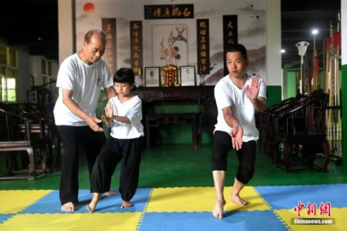余丹秋指導(dǎo)9歲的鄭施澤學(xué)習(xí)鳴鶴拳。呂明攝