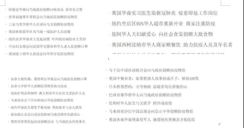 各國(guó)華僑華人幫助當(dāng)?shù)貞?zhàn)疫的故事數(shù)不勝數(shù)。