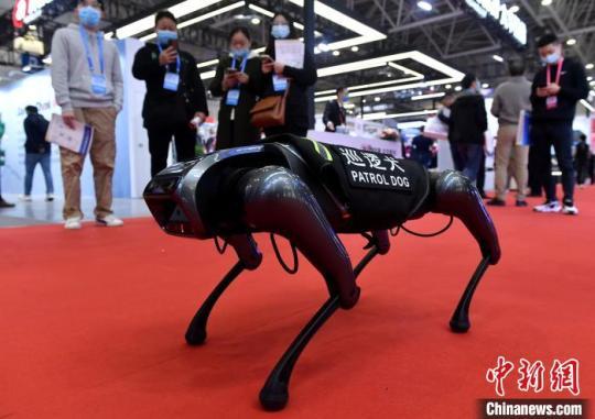 圖為智能巡邏犬吸引參觀者?！蚊?攝