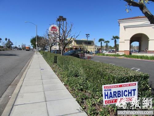 中國僑網(wǎng)亞市華人居民插的助選名牌紙旗。(美國《僑報》/翁羽 攝)