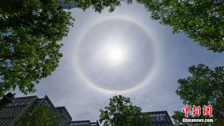 上海天空現(xiàn)巨大日暈 光圈完整清晰