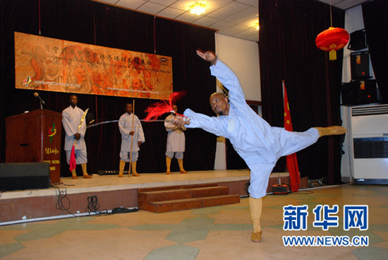 中國僑網(wǎng)武術(shù)學(xué)員達米安表演少林《七星劍》。(曹肅 攝)